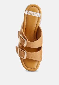 Sarai Buckle Straps High Block Heel Clogs In Tan -Her Shoe World saraibucklestrapshighblockheelmules RCSH4764 tan 1