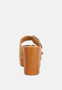Sarai Buckle Straps High Block Heel Clogs In Tan -Her Shoe World saraibucklestrapshighblockheelmules RCSH4764 tan 10